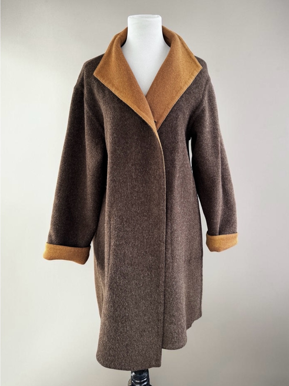 Reversible Brown/Camel Alpaca Wool Blend Coat Size Women's Large Soft Oversized